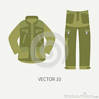 Line tile color vector hunt and camping icon khaki jacket, pants. Hunter equipment. Retro cartoon style. Wildlife travel Vector Illustration