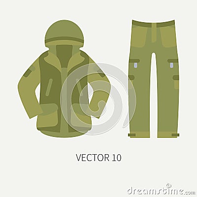 Line tile color vector hunt and camping icon khaki jacket, pants. Hunter equipment. Retro cartoon style. Wildlife travel Vector Illustration