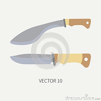 Line tile color vector hunt and camping icon machete, knife set. Hunter equipment, armament. Retro cartoon style Vector Illustration