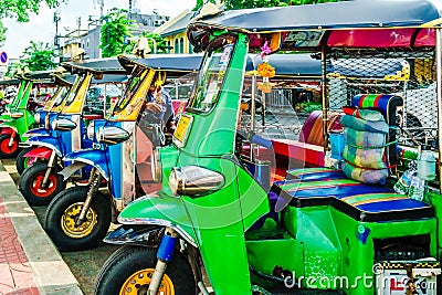 Line of Tuktuk in the city center of bankok in Thailand Editorial Stock Photo