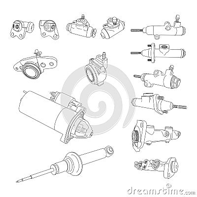 Line vector auto moto parts accessories clutch brake cylinders. Repair service equipment. Engine elements shop catalog Vector Illustration