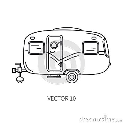 Line vector icon retro tourism auto trailer. Classic 1950s style. Nostalgia antique automobile family camping. Summer Vector Illustration