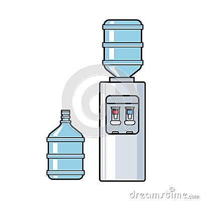 Line vector plastic water cooler with blue full bottle. Flat illustration on white background Vector Illustration