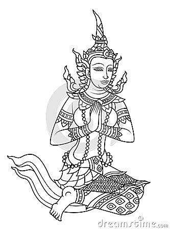 Line vector traditional Thailand female angel Vector Illustration