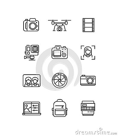 Line video and photo production camera icon. Vector Illustration