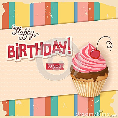 Line vintage birthday card with realistic cherry cupcake Vector Illustration