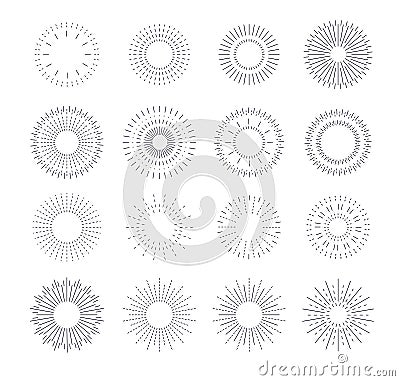 Line vintage sunburst. Circle solar burst, radiant frames design. Graphic rays flare, blasting stars or sparks. Isolated Vector Illustration