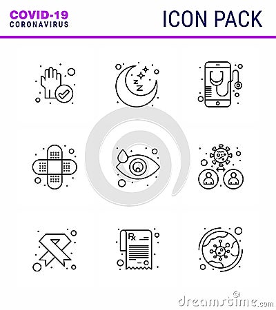 9 Line viral Virus corona icon pack such as drop, injury, health, bandage, online Vector Illustration