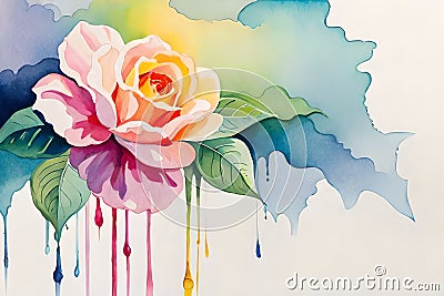 line of watercolor colorful flowers on the isolated background, ai art Stock Photo