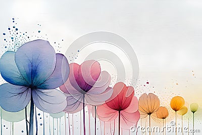 line of watercolor flowers on the isolated background, ai art Stock Photo