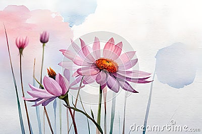 line of watercolor lily flowers on the isolated background, ai art Stock Photo