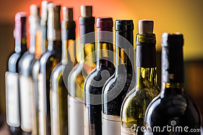 Line of wine bottles. Close-up. Stock Photo