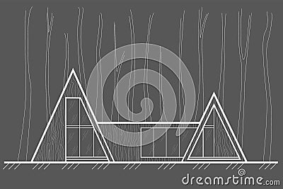 Linear front sketch residental building - scandinavian style forest cottage on gray background Vector Illustration