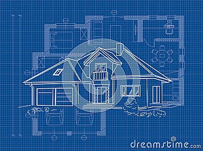 Linear architectural project of detached house - vector illustration Vector Illustration