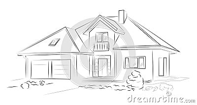 Linear architectural sketch detached house Vector Illustration