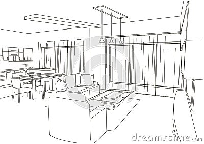 Linear architectural sketch living-room Vector Illustration