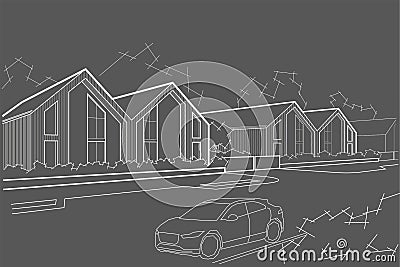 Linear sketch town street with blocked houses on gray background Vector Illustration