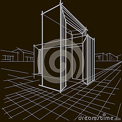 Linear architectural sketch two intersecting arches on black background Stock Photo