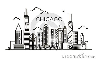Linear banner of Chicago city. Line art. Vector Illustration