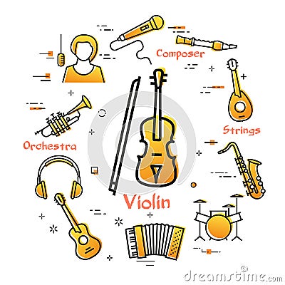 Linear banner for music - violin and bow Vector Illustration