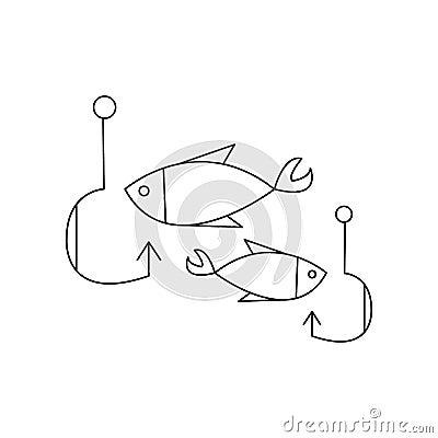 Linear black white fishing icon. Can be used as a sticker, symbol or sign. Outline fish with hooks for hiking, traveling Vector Illustration