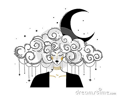 Linear boho drawing, woman with cloud hair and a crescent moon in her hair. Astrology concept, tarot, prediction. Magic Vector Illustration