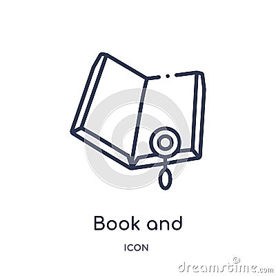 Linear book and magnifying icon from Education outline collection. Thin line book and magnifying vector isolated on white Vector Illustration