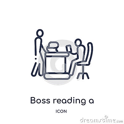Linear boss reading a document icon from Business outline collection. Thin line boss reading a document icon isolated on white Vector Illustration