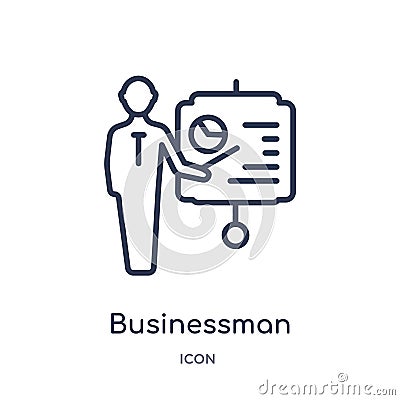 Linear businessman showing a project sketch icon from Business outline collection. Thin line businessman showing a project sketch Vector Illustration