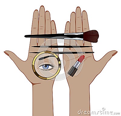 Linear color drawing of female hands with makeup brushes, round mirror with aye reflection, and lipstick Vector Illustration