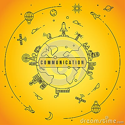 Linear Communication Icons with World Globe Vector Illustration