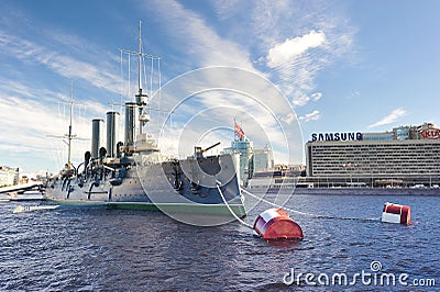 Linear cruiser Aurora, the symbol of the October revolution in R Editorial Stock Photo