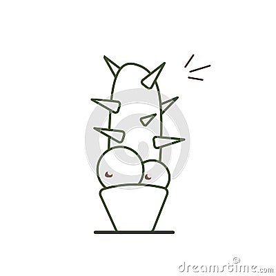 Linear cute frightened cactus with frozen face. Scared cartoon cactus hiding in a pot. Thin linear icon. Vector isolated Vector Illustration