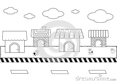 Linear cute homes on street with dogs Vector Illustration