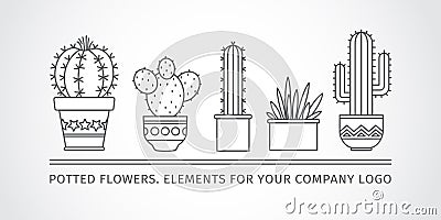 Linear design, potted cactus. elements of a corporate logo. Vector Vector Illustration