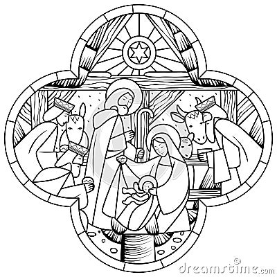 Linear drawing of Birth of Jesus Christ scene in cross shape Vector Illustration