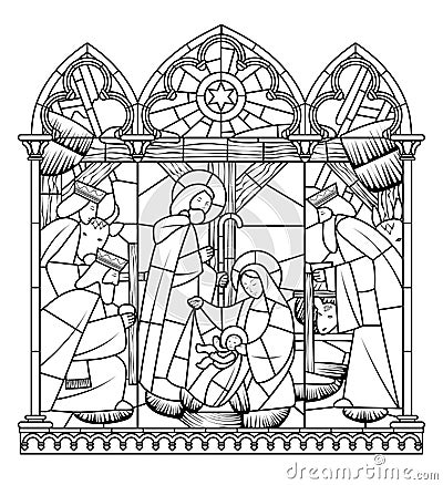 Linear drawing of Birth of Jesus Christ scene in gothic frame Vector Illustration