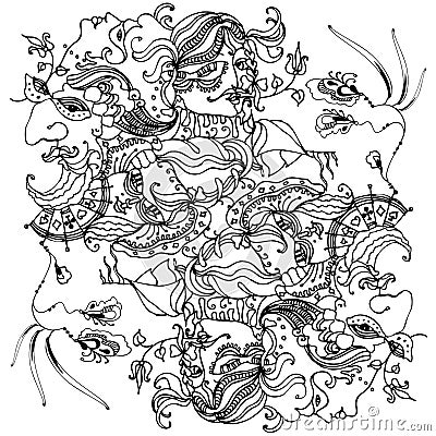 Linear drawing on carnival theme: woman`s head in carnival mask Stock Photo