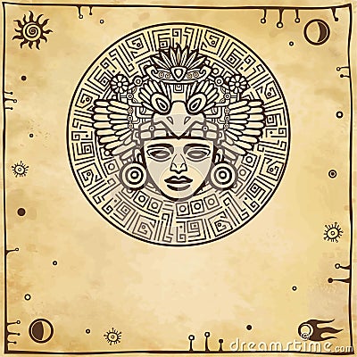 Linear drawing: decorative image of an ancient Indian deity. Space symbols. Vector Illustration