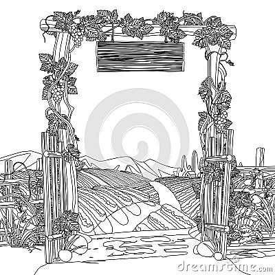 Linear drawing of an old wooden farm gate with signboard grapes and Mediterranean landscape with vineyards Vector Illustration