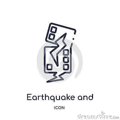 Linear earthquake and home icon from Meteorology outline collection. Thin line earthquake and home icon isolated on white Vector Illustration