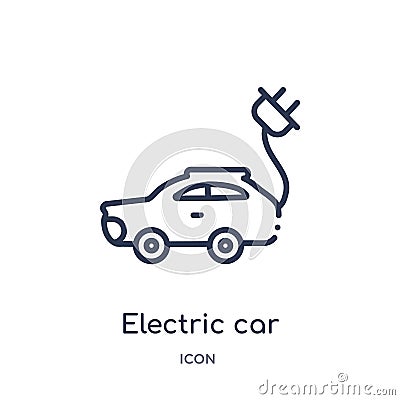 Linear electric car and plug icon from Mechanicons outline collection. Thin line electric car and plug icon isolated on white Vector Illustration