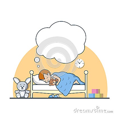 Linear Flat boy sleep dreame bed hug Teddy bear Vector Illustration