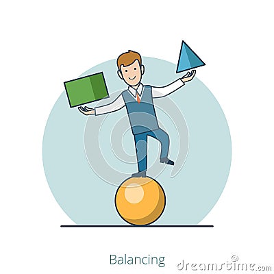 Linear Flat Business man Trick Balancing ball Vector Illustration
