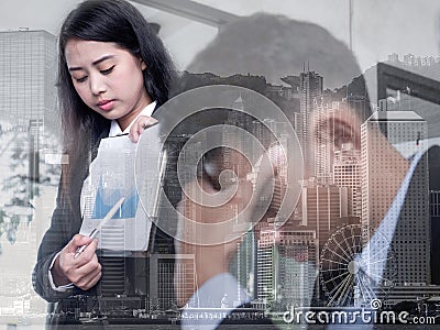 Linear Flat Business people disappointed about the loss. Graphic on monitor falling down. Business Fall concept Stock Photo