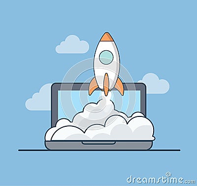 Linear Flat Business startup rocket fly laptop web Cartoon Illustration