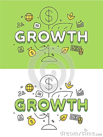 Linear Flat Business Strategy GROWTH plant coin Vector Illustration