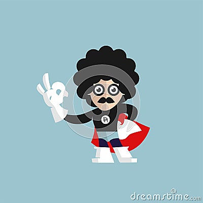 Linear Flat Businessman in suit and Super hero red cape, pointing in air vector illustration. Cartoon Illustration