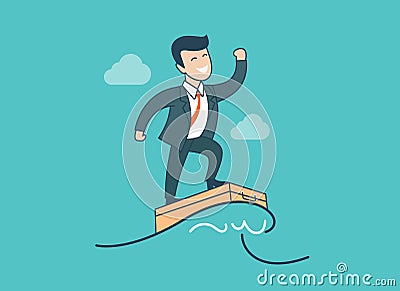 Linear Flat businessman wave surfing vector. Succe Cartoon Illustration