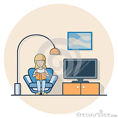 Linear Flat Casual life woman sit read book living Vector Illustration